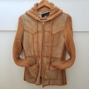 VINTAGE Women`s M Hooded LEATHER KNIT BROWN Cardigan SWEATER JACKET MAD MEN Cute